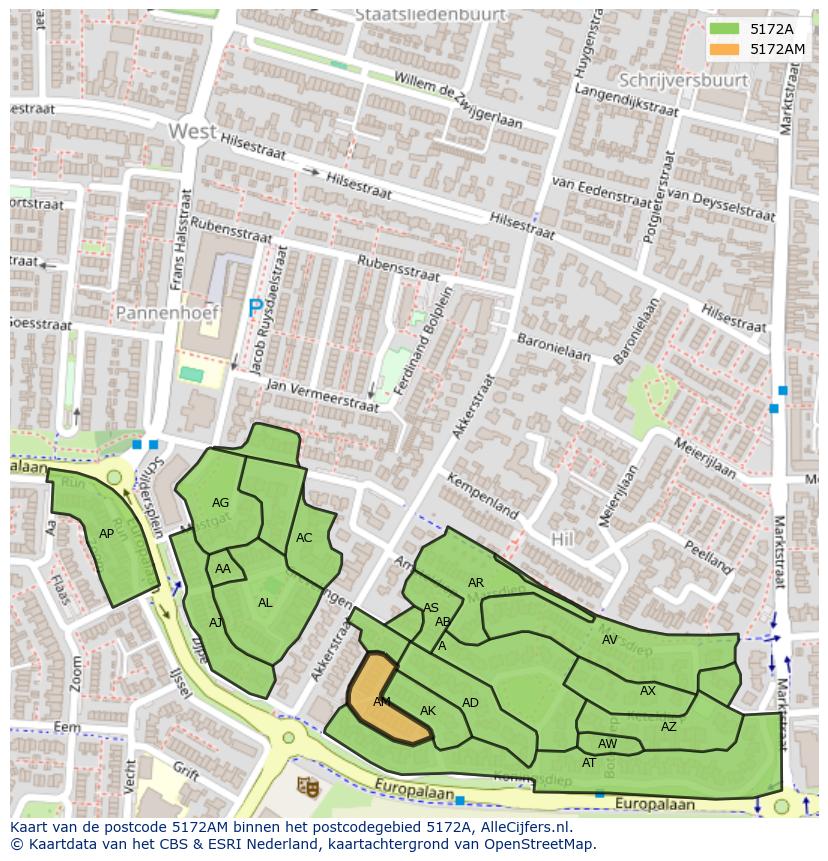 Afbeelding van het postcodegebied 5172 AM op de kaart.