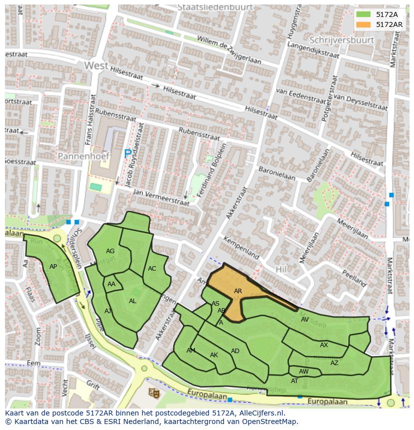 Afbeelding van het postcodegebied 5172 AR op de kaart.