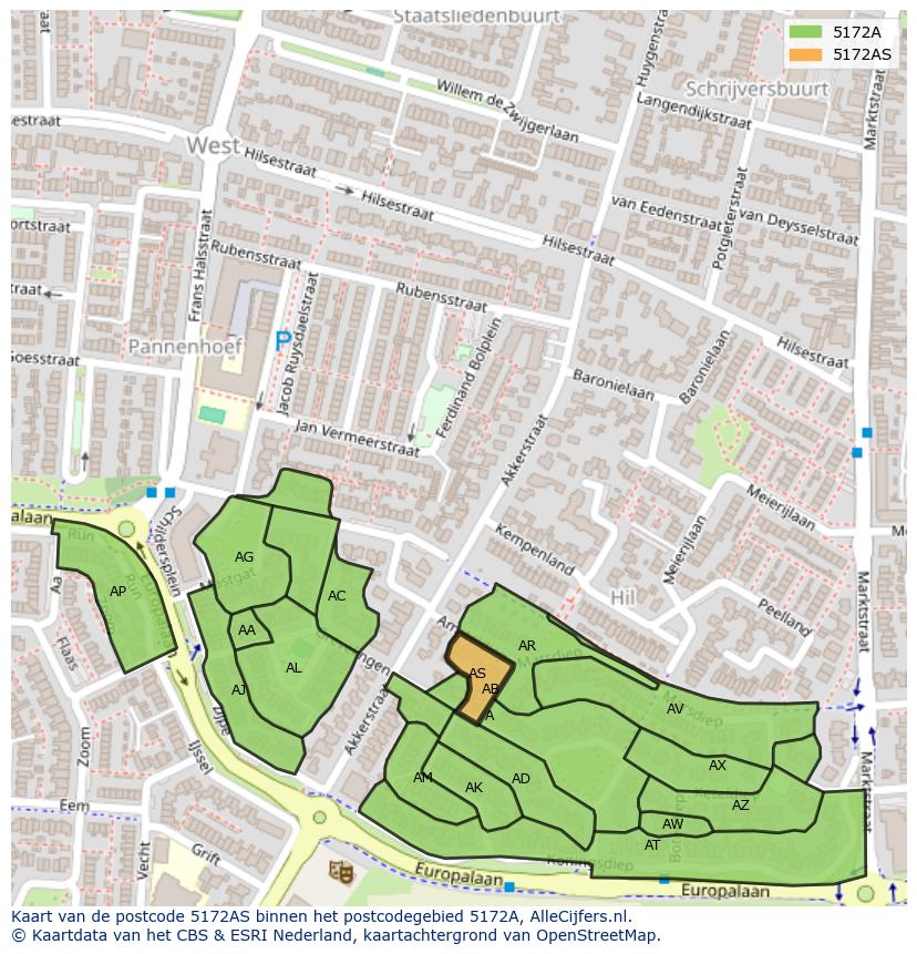 Afbeelding van het postcodegebied 5172 AS op de kaart.