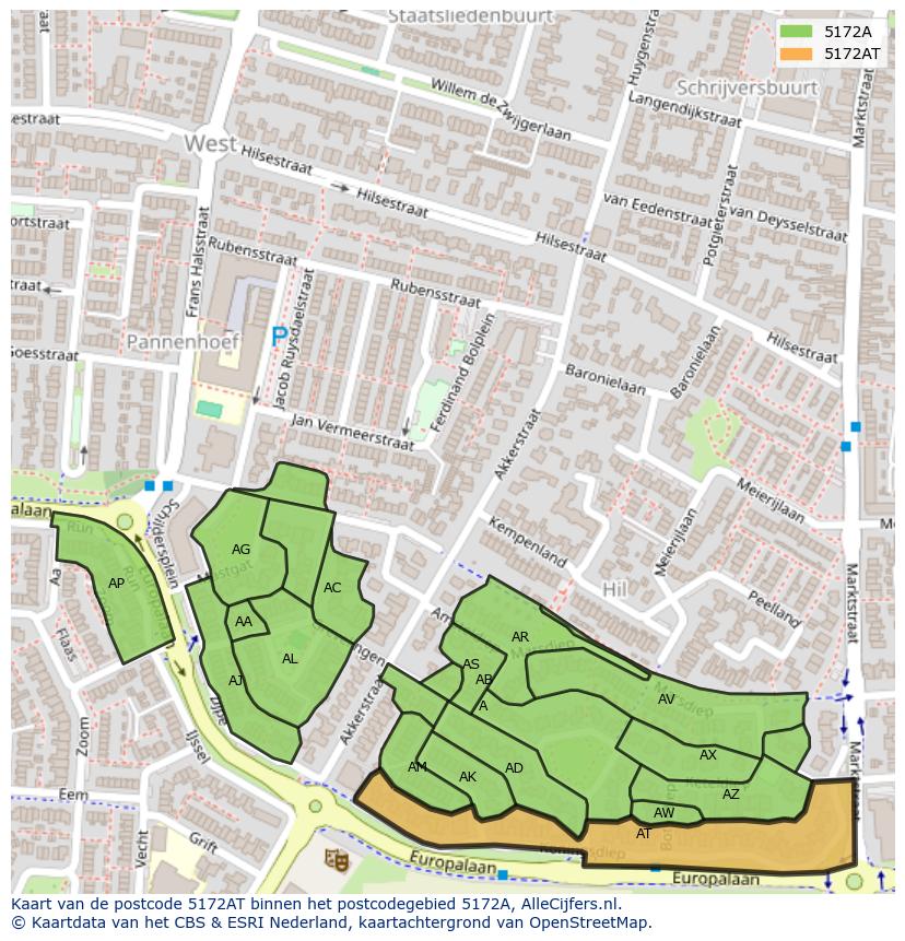 Afbeelding van het postcodegebied 5172 AT op de kaart.