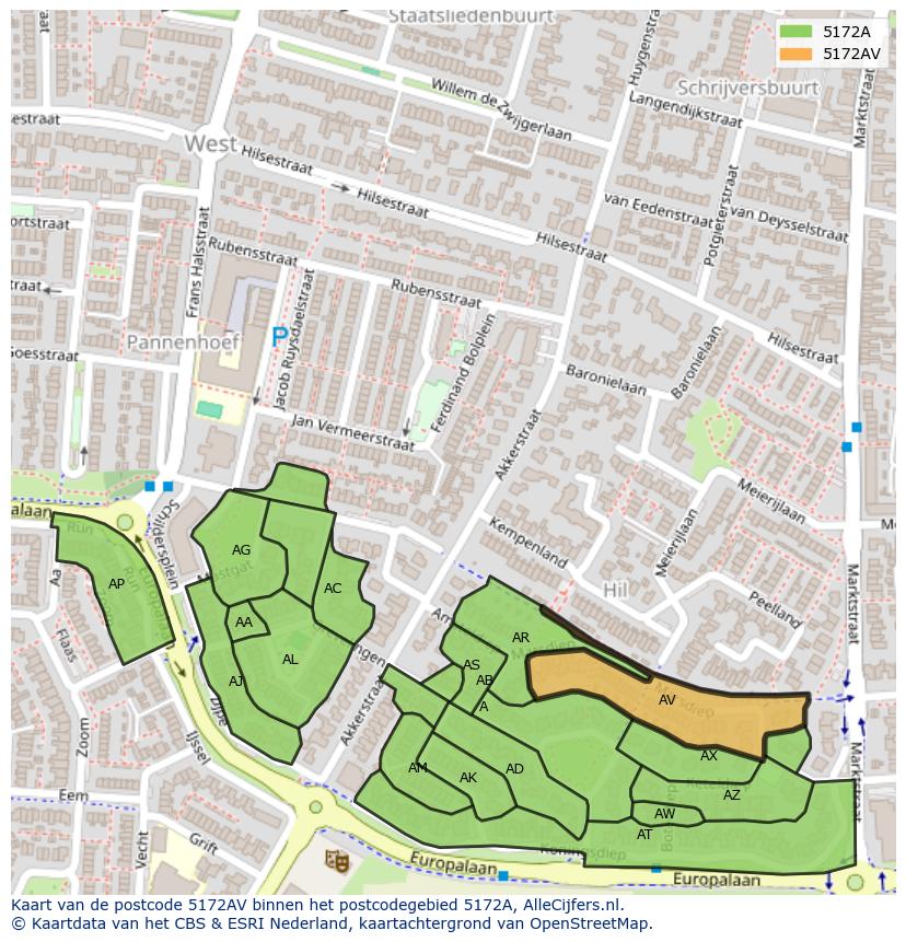 Afbeelding van het postcodegebied 5172 AV op de kaart.