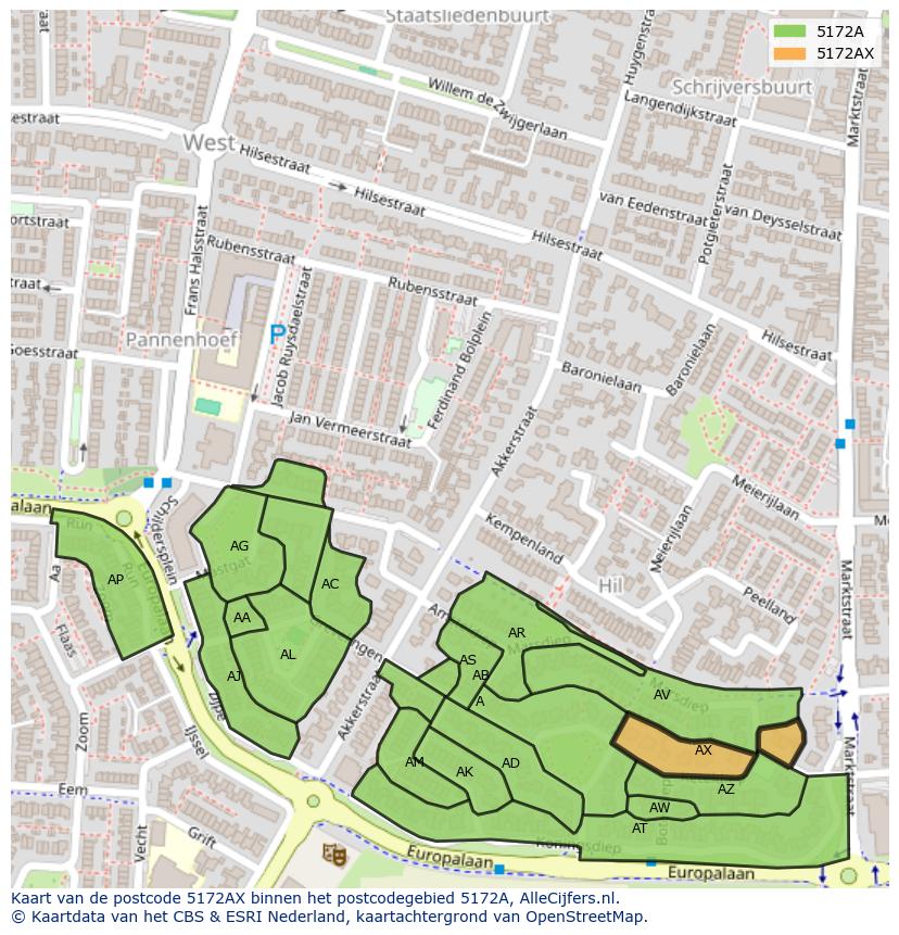 Afbeelding van het postcodegebied 5172 AX op de kaart.