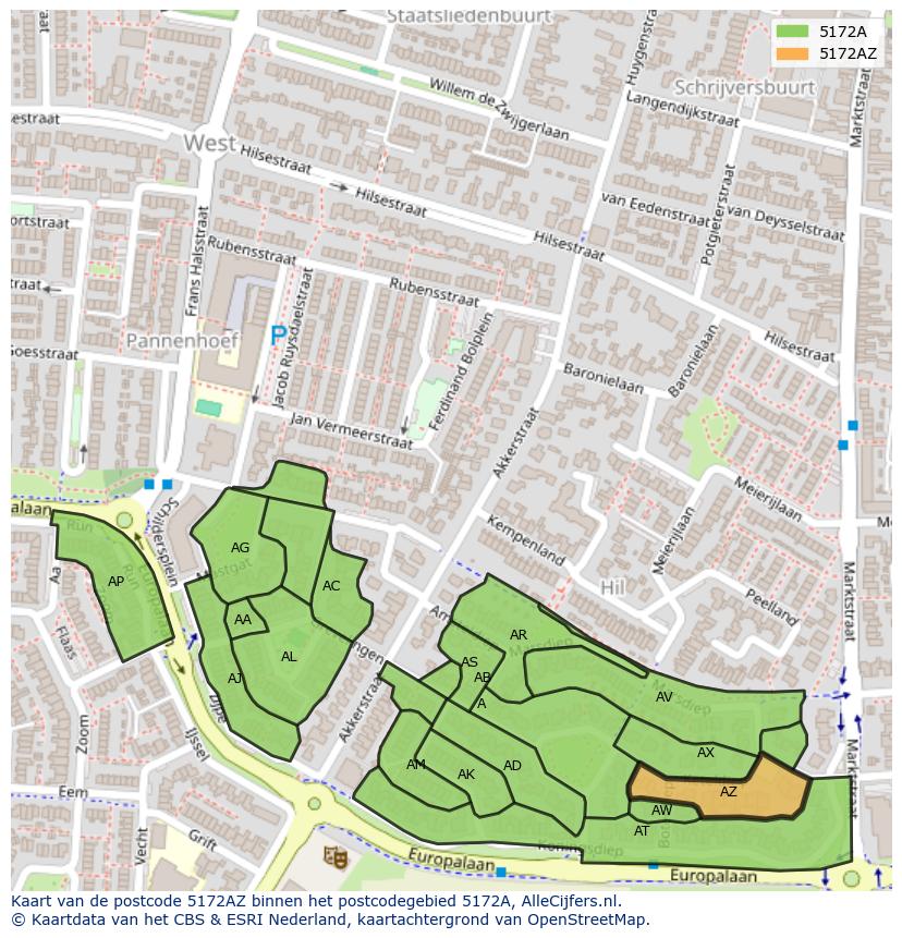 Afbeelding van het postcodegebied 5172 AZ op de kaart.
