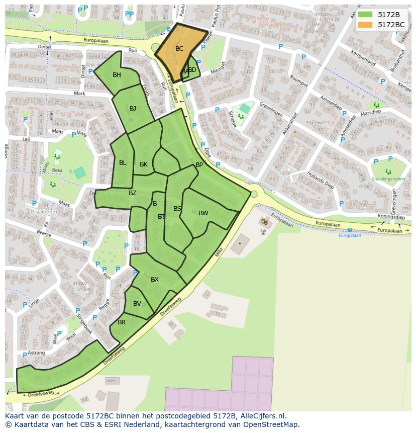 Afbeelding van het postcodegebied 5172 BC op de kaart.