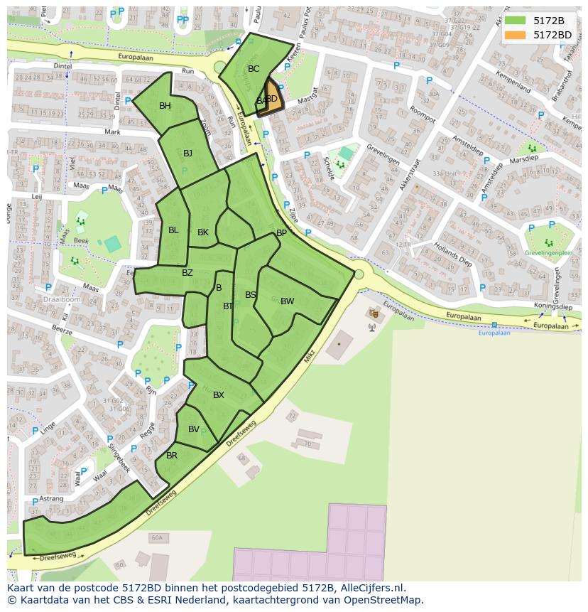Afbeelding van het postcodegebied 5172 BD op de kaart.
