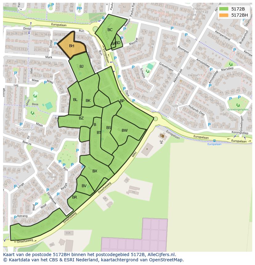 Afbeelding van het postcodegebied 5172 BH op de kaart.