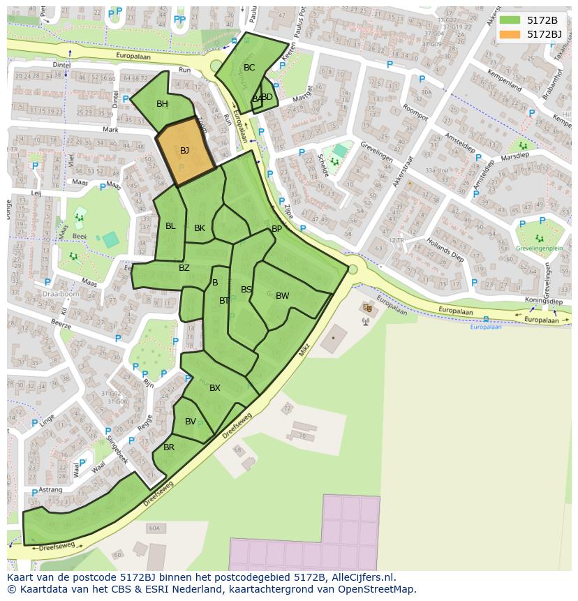 Afbeelding van het postcodegebied 5172 BJ op de kaart.