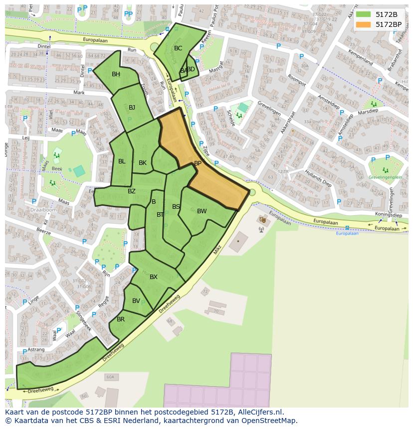 Afbeelding van het postcodegebied 5172 BP op de kaart.