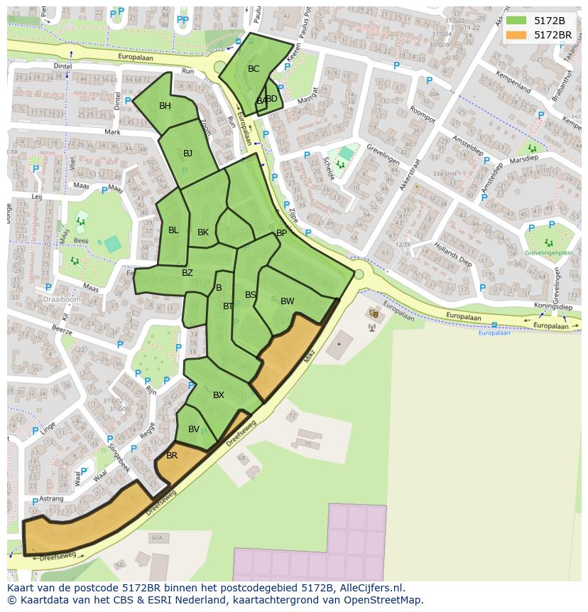 Afbeelding van het postcodegebied 5172 BR op de kaart.
