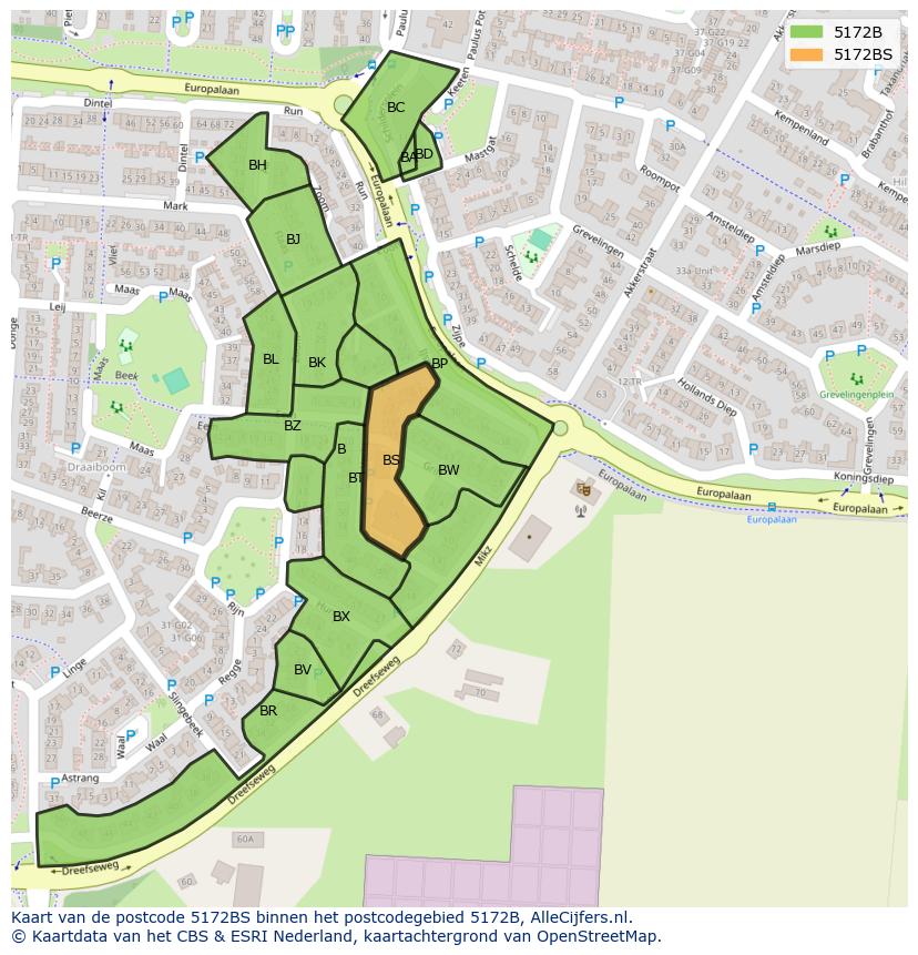 Afbeelding van het postcodegebied 5172 BS op de kaart.