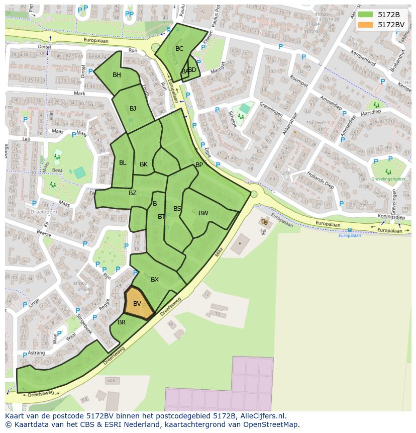 Afbeelding van het postcodegebied 5172 BV op de kaart.