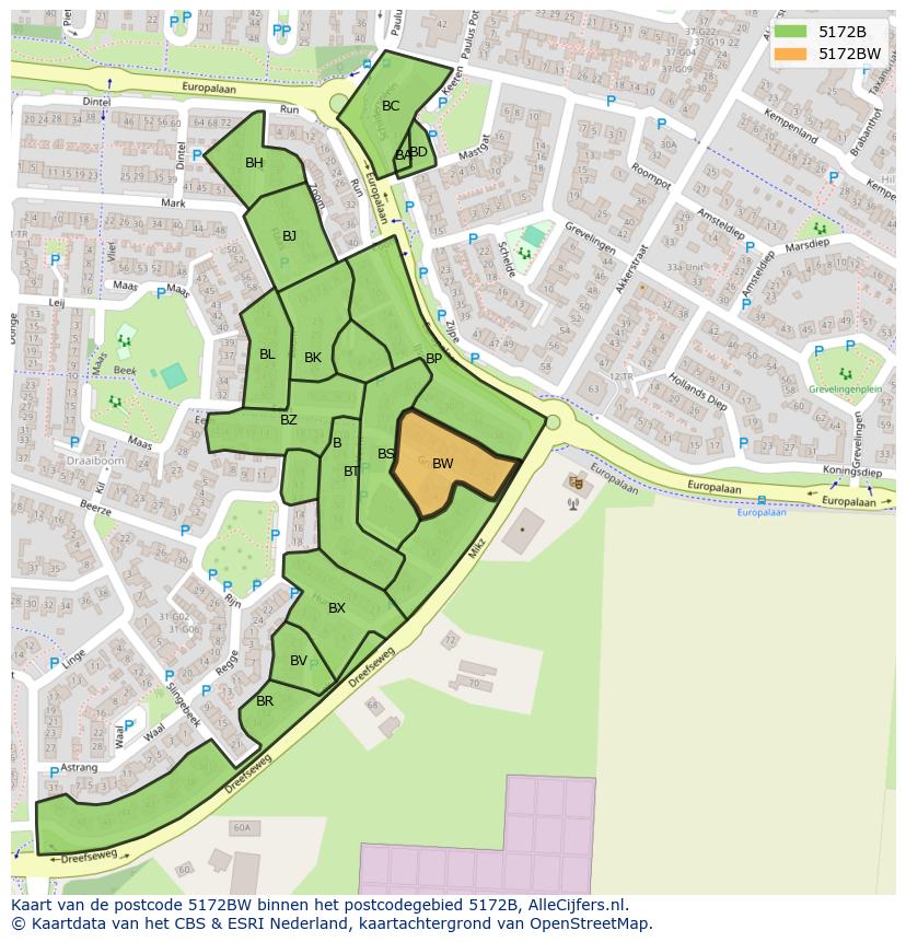 Afbeelding van het postcodegebied 5172 BW op de kaart.