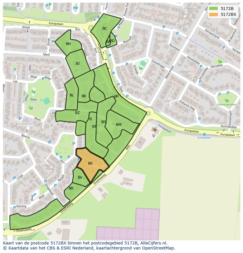 Afbeelding van het postcodegebied 5172 BX op de kaart.