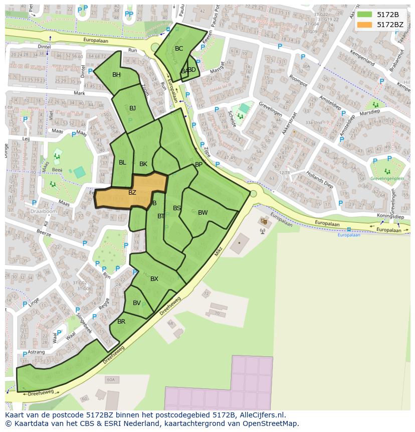 Afbeelding van het postcodegebied 5172 BZ op de kaart.