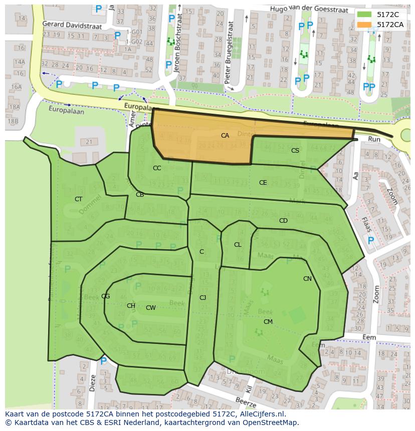 Afbeelding van het postcodegebied 5172 CA op de kaart.