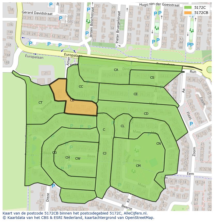 Afbeelding van het postcodegebied 5172 CB op de kaart.