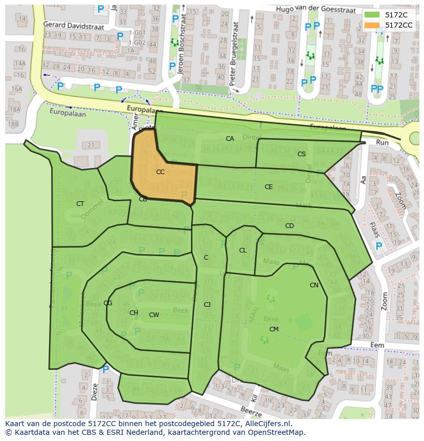 Afbeelding van het postcodegebied 5172 CC op de kaart.