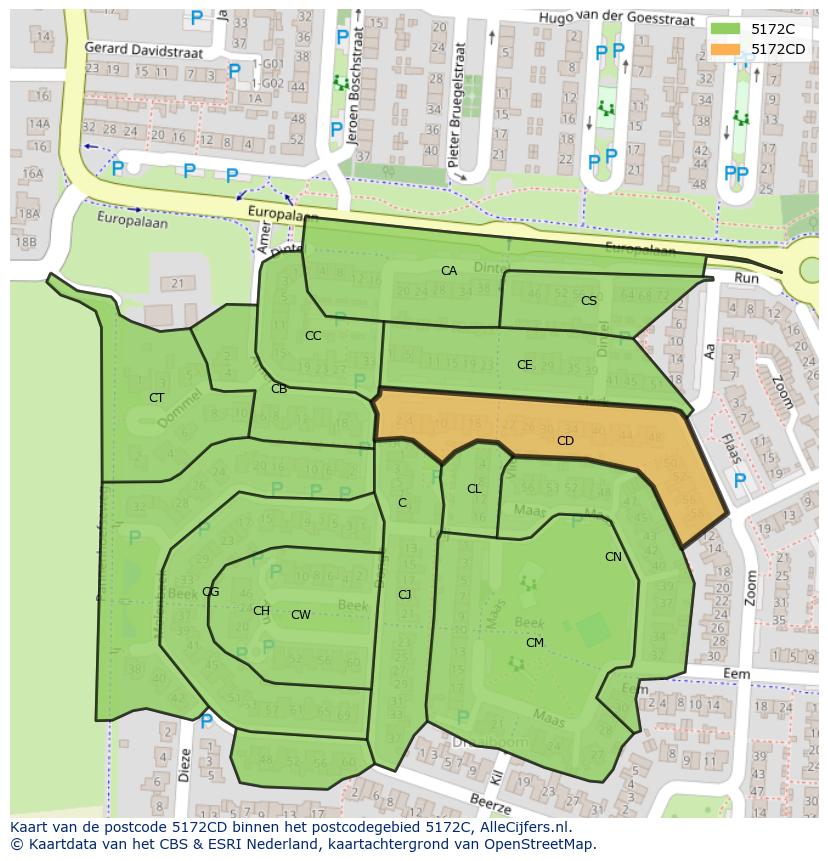 Afbeelding van het postcodegebied 5172 CD op de kaart.