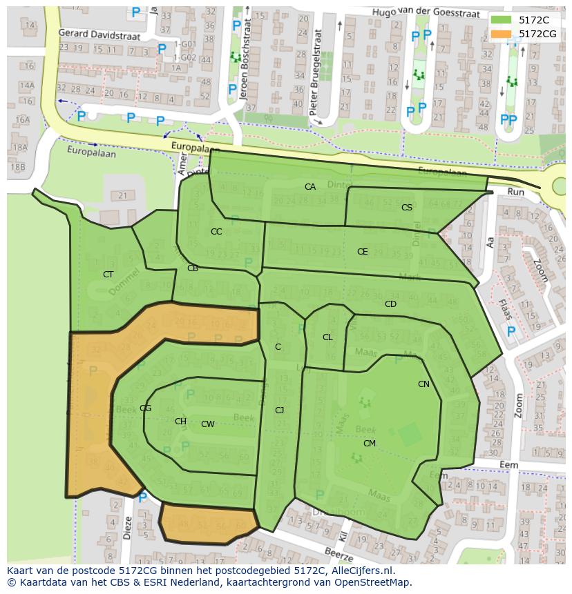 Afbeelding van het postcodegebied 5172 CG op de kaart.