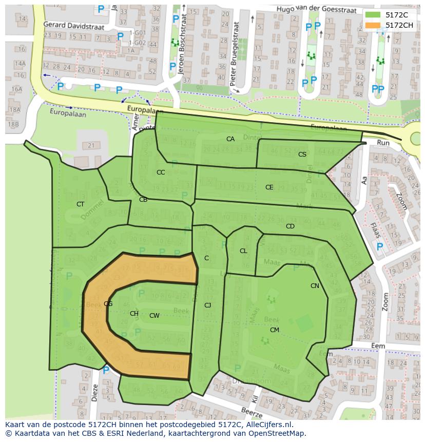Afbeelding van het postcodegebied 5172 CH op de kaart.