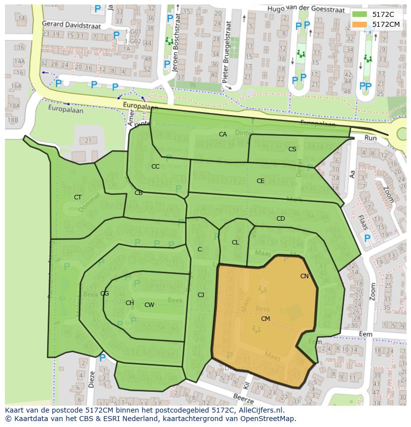 Afbeelding van het postcodegebied 5172 CM op de kaart.