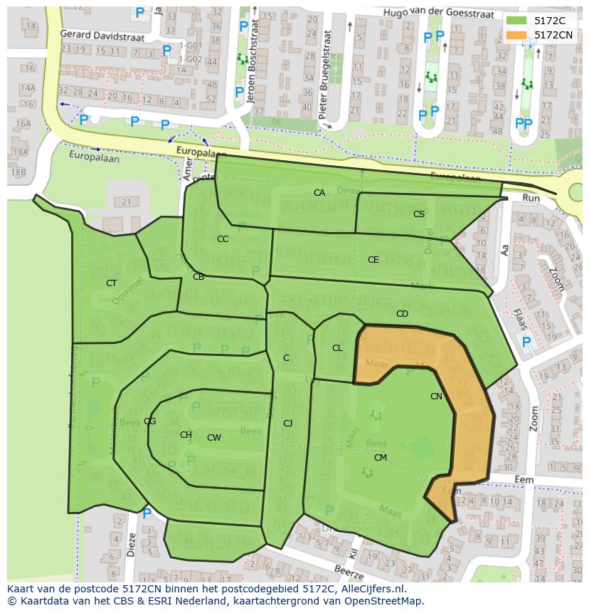 Afbeelding van het postcodegebied 5172 CN op de kaart.