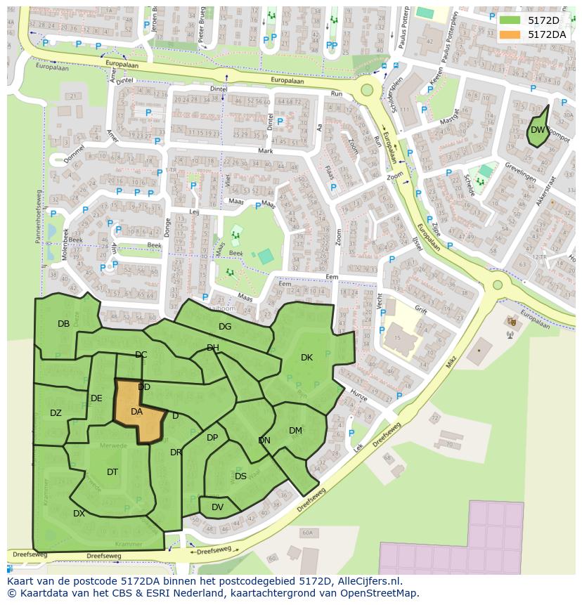 Afbeelding van het postcodegebied 5172 DA op de kaart.