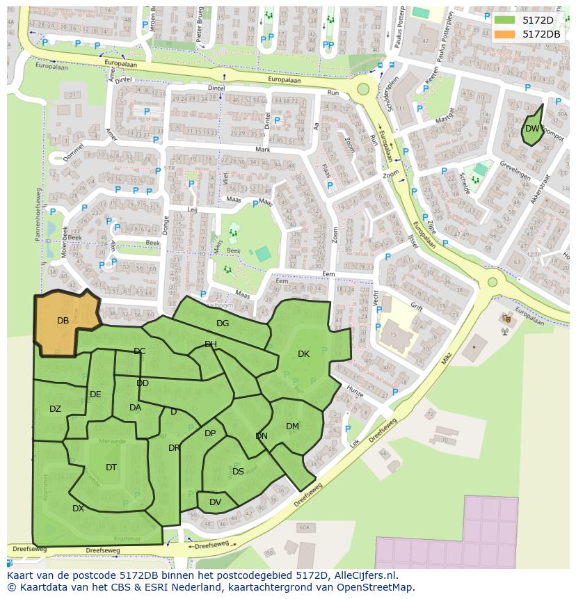 Afbeelding van het postcodegebied 5172 DB op de kaart.