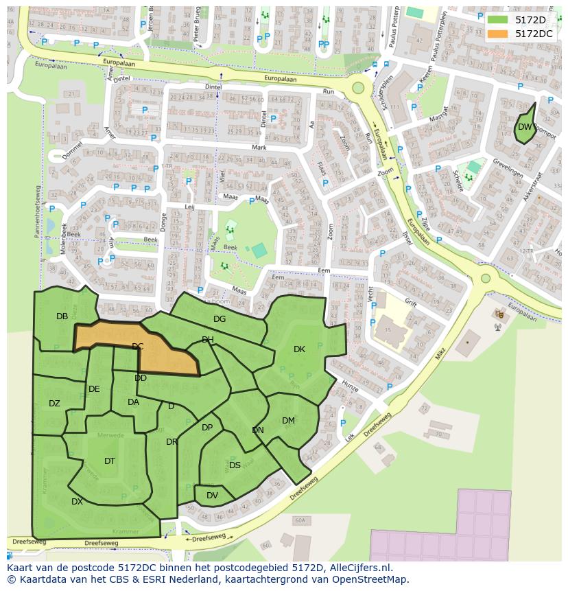 Afbeelding van het postcodegebied 5172 DC op de kaart.