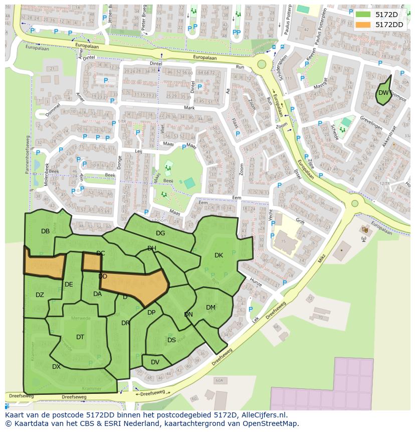 Afbeelding van het postcodegebied 5172 DD op de kaart.