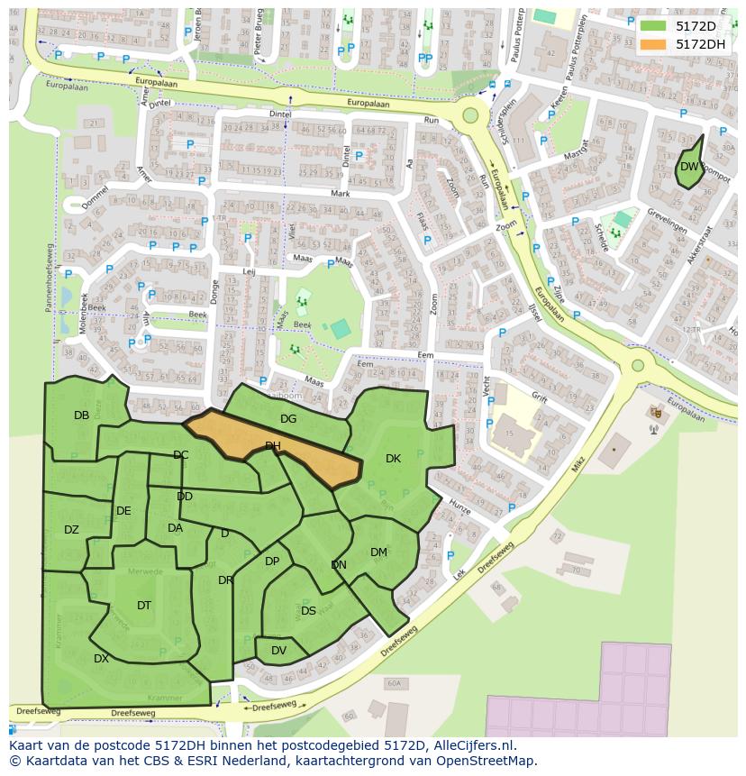 Afbeelding van het postcodegebied 5172 DH op de kaart.