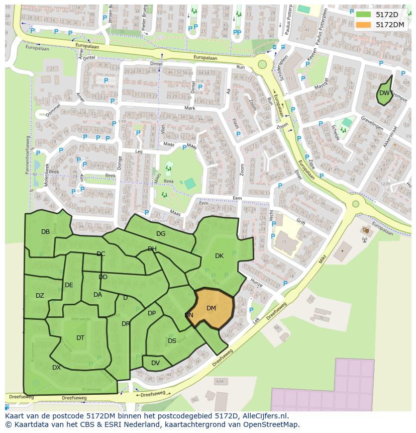 Afbeelding van het postcodegebied 5172 DM op de kaart.