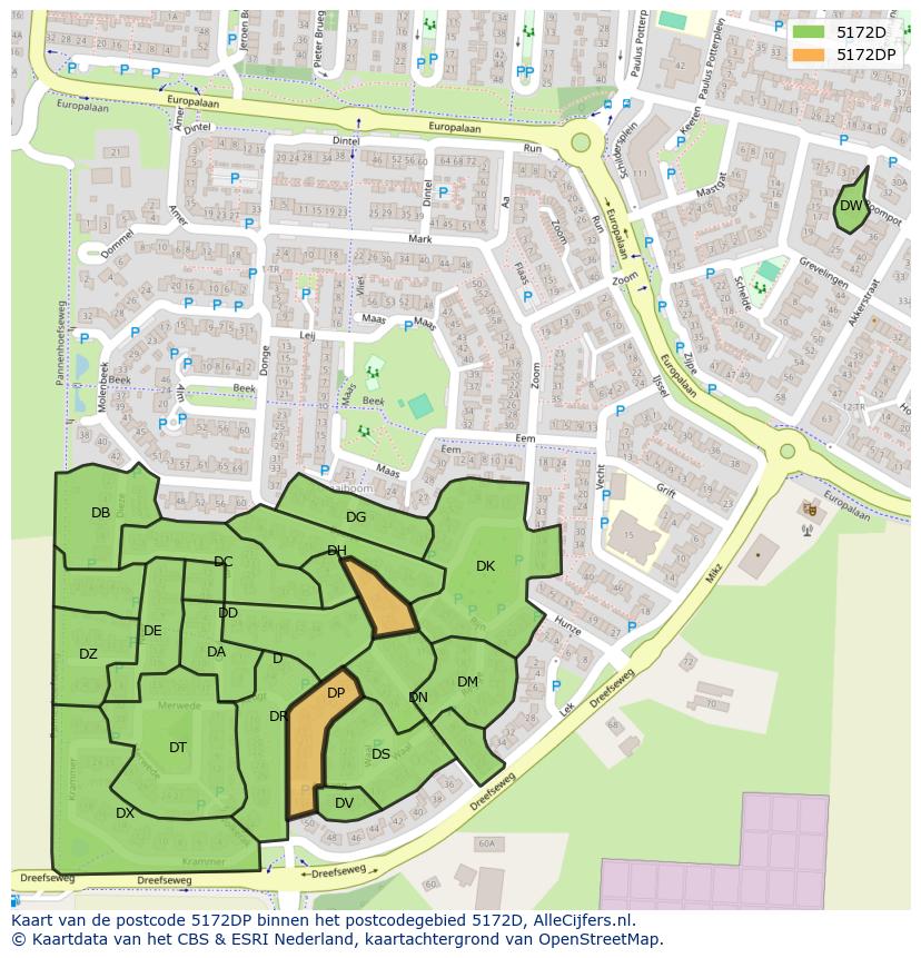 Afbeelding van het postcodegebied 5172 DP op de kaart.
