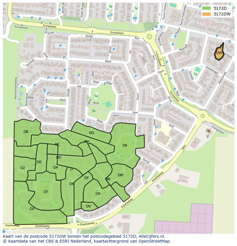 Afbeelding van het postcodegebied 5172 DW op de kaart.