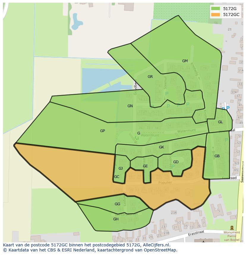 Afbeelding van het postcodegebied 5172 GC op de kaart.