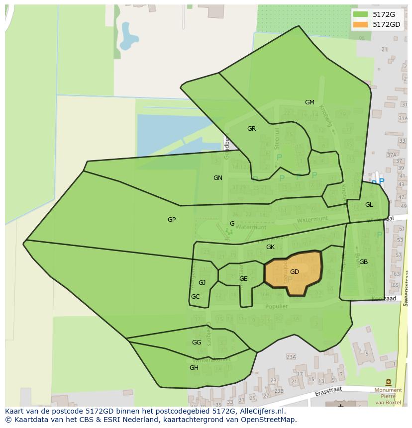Afbeelding van het postcodegebied 5172 GD op de kaart.