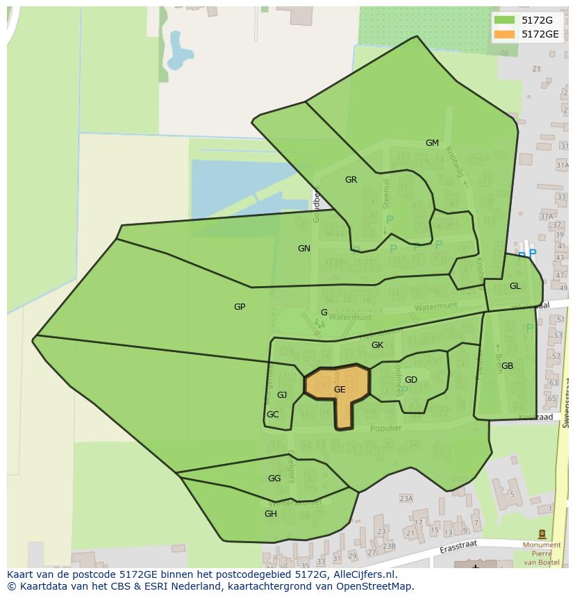 Afbeelding van het postcodegebied 5172 GE op de kaart.