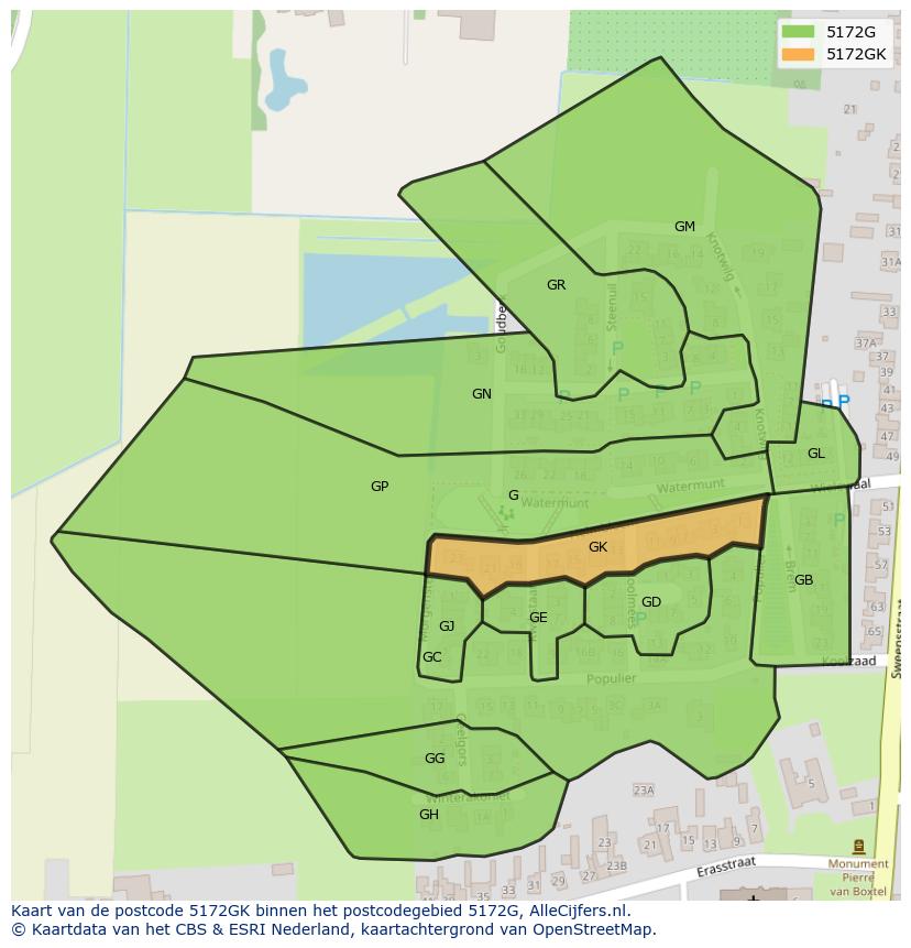 Afbeelding van het postcodegebied 5172 GK op de kaart.