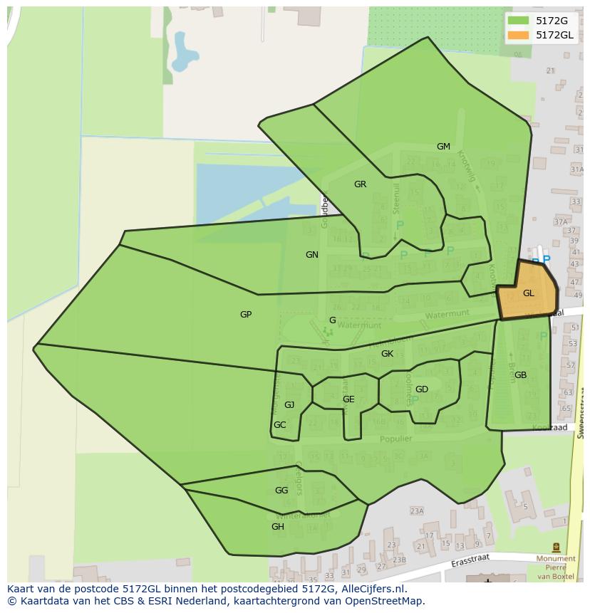 Afbeelding van het postcodegebied 5172 GL op de kaart.