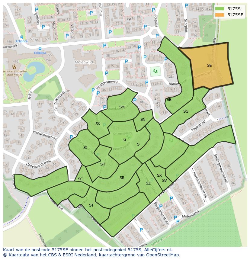 Afbeelding van het postcodegebied 5175 SE op de kaart.
