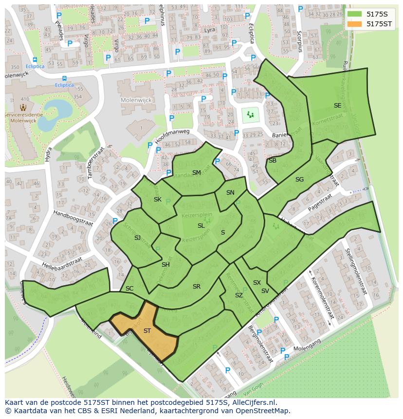 Afbeelding van het postcodegebied 5175 ST op de kaart.