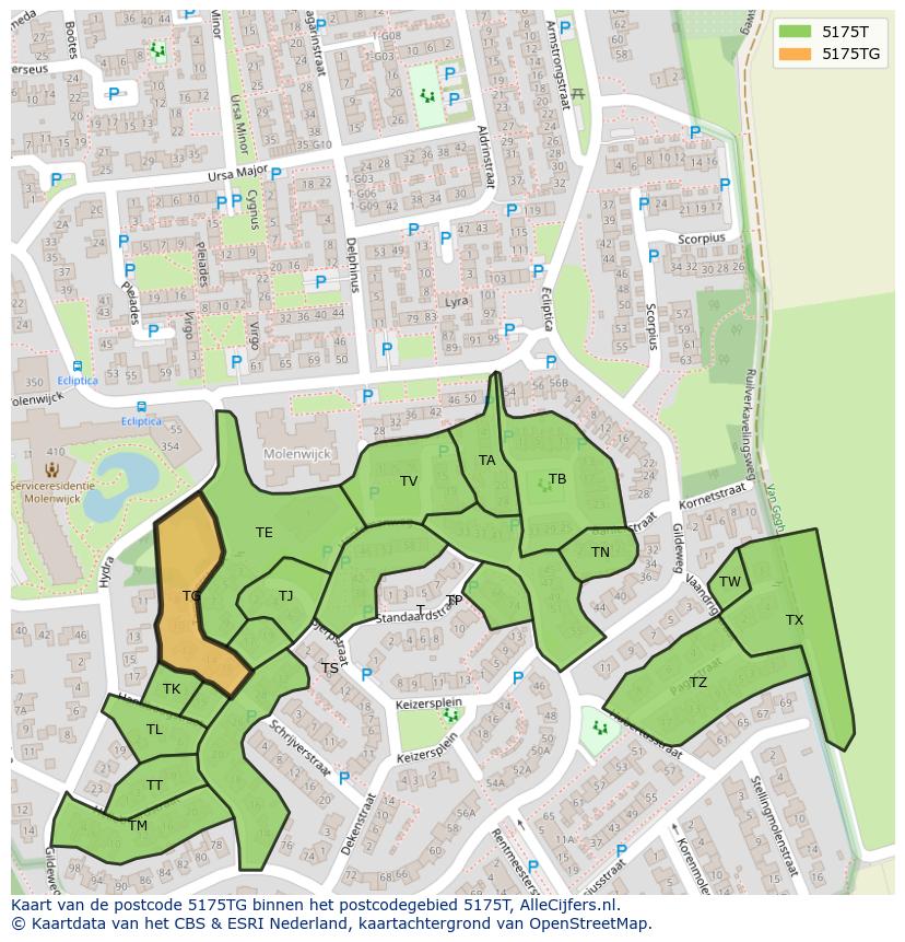 Afbeelding van het postcodegebied 5175 TG op de kaart.