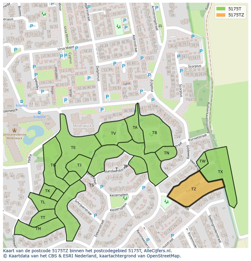 Afbeelding van het postcodegebied 5175 TZ op de kaart.