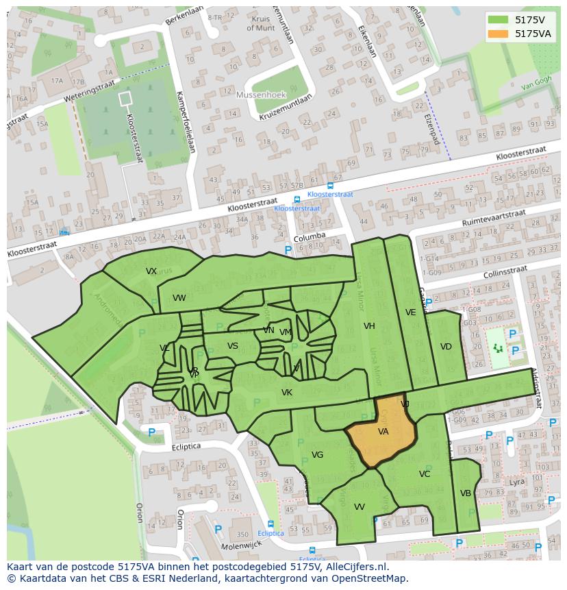 Afbeelding van het postcodegebied 5175 VA op de kaart.