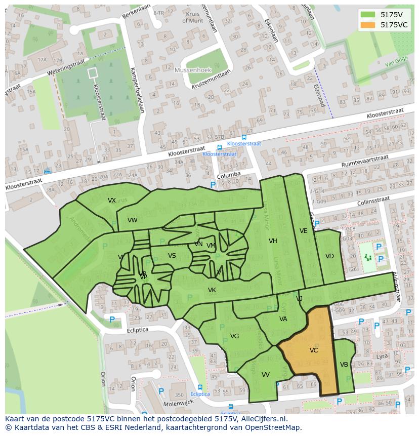 Afbeelding van het postcodegebied 5175 VC op de kaart.