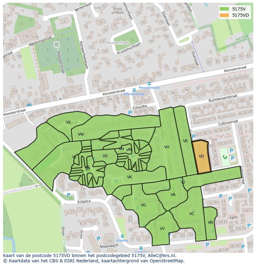 Afbeelding van het postcodegebied 5175 VD op de kaart.