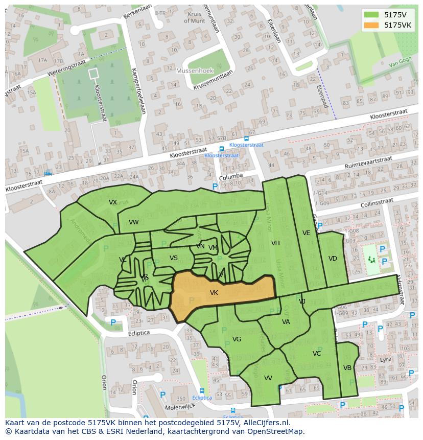 Afbeelding van het postcodegebied 5175 VK op de kaart.