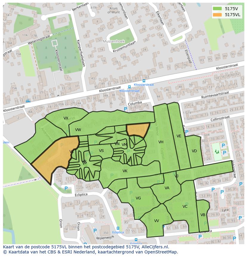 Afbeelding van het postcodegebied 5175 VL op de kaart.