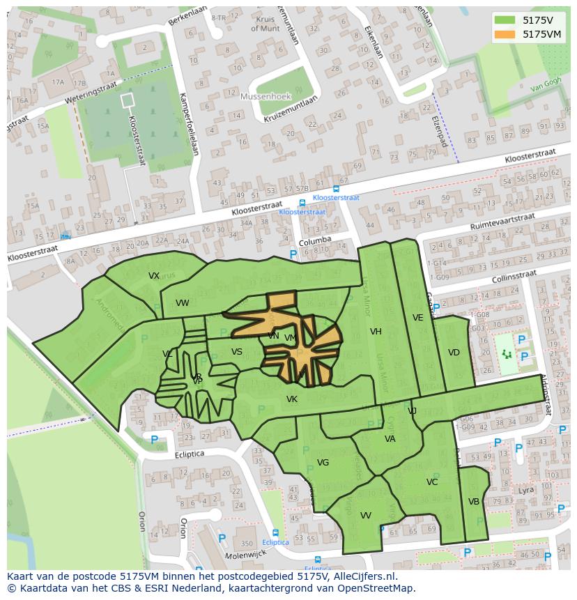 Afbeelding van het postcodegebied 5175 VM op de kaart.
