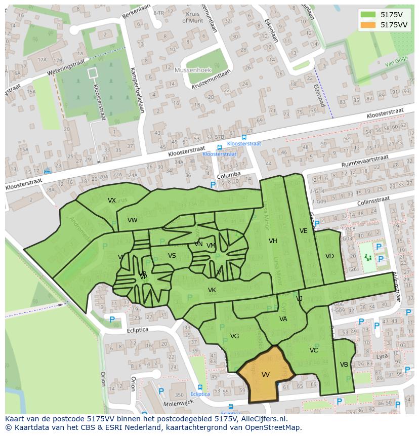 Afbeelding van het postcodegebied 5175 VV op de kaart.